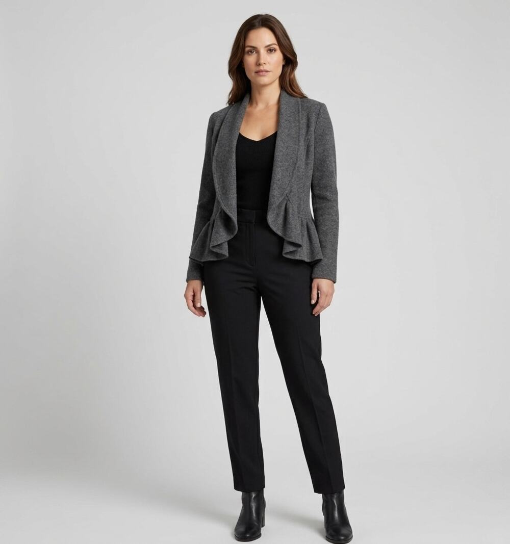 Cache Women's Dark Gray 100% Wool Ruffle Hem Open Front Jacket Blazer Size S